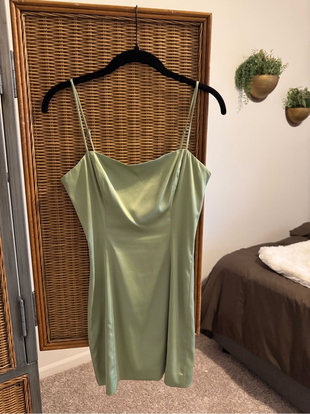 Aritzia Satin Slip Mini Dress in Sage Green